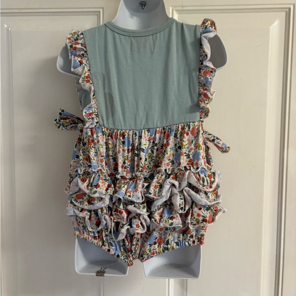 XXS 12M Itty Bitty Blue/Multicolor floral appliquéd rabbits sleeveless bubble - Picture 2 of 2